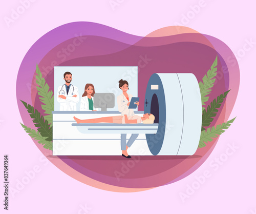 MRI scanner examination. Magnetic resonance tomography, patient, doctor flat vector illustration. Treatment, lab, research, tumor concept for banner, website design or landing web page