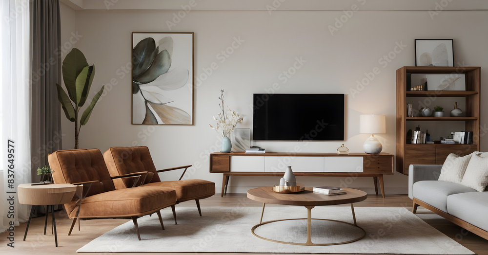 Relaxing in a modern, minimalist living room with stylish retro furniture, enjoying the comforts of home Relaxing in a modern, minimalist living room with stylish retro furniture, enjoying the comforts of home
