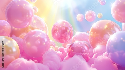  A sky filled with pink and yellow balloons atop blue-pink clouds Sun shines brightly above, backdrop includes balloon-dotted background © Mikus