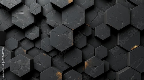  A collection of black and golden hexagons is organized into hexagonal cubes, with golden highlights on every edge photo