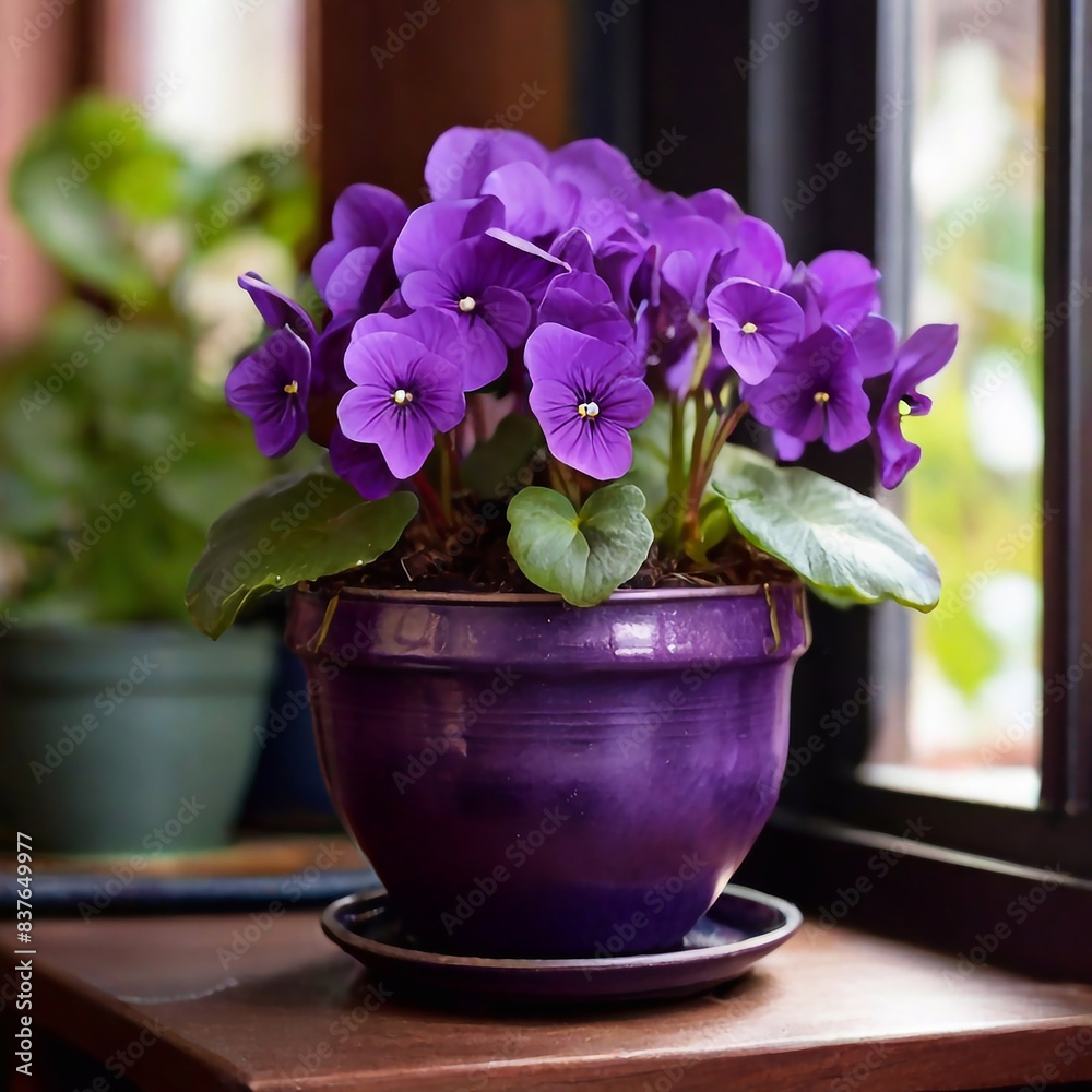 photo of indoor blooming decorative violet in a pot photo of indoor blooming decorative violet in a pot