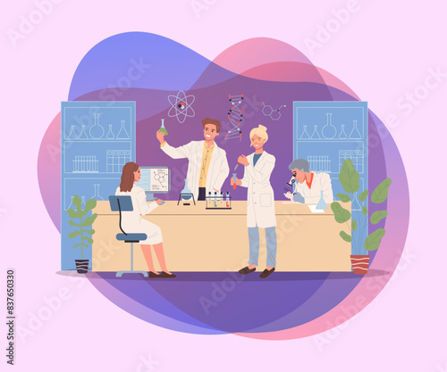 Research team working in lab. Group of scientists conducting chemical experiment flat vector illustration. Biochemistry, test, medicine concept for banner, website design or landing web page