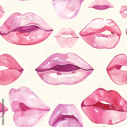 A seamless pattern background featuring a whimsical and cute design. Watercolor lips in soft hues pucker up in a playful repeating pattern. Illustrator style.