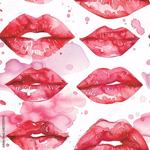 A seamless pattern background bursting with sweetness and affection. Watercolor lips in soft pinks and reds form a repeating pattern, leaving kiss marks and radiating charm. Illustrator style. photo