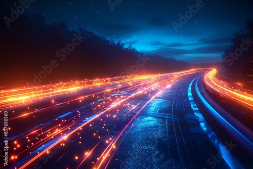 Abstract night road with moving cars, 3d rendering toned image
