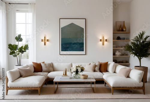 Natural light fills a spacious minimalist living room featuring a large white sectional sofa
