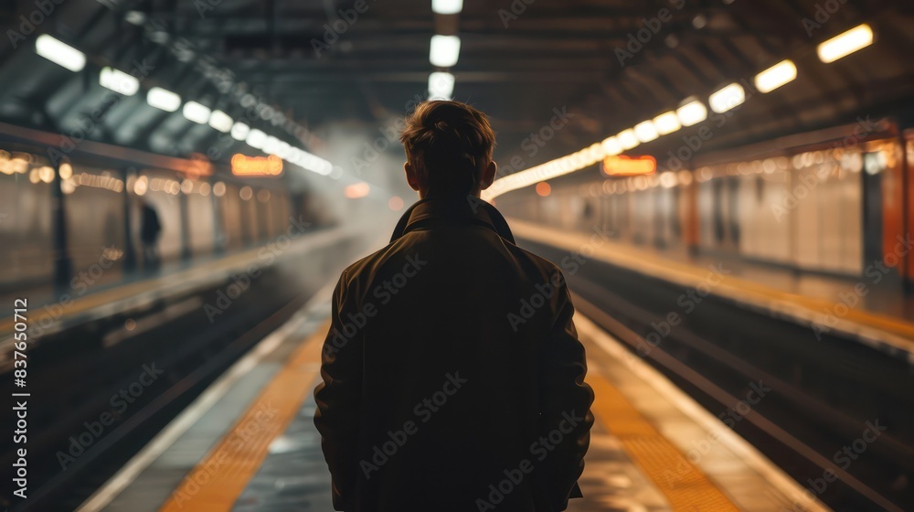 Obraz premium An atmospheric image of a stylish young man facing away from the camera, hands in pockets, waiting patiently for the subway train to arrive.
