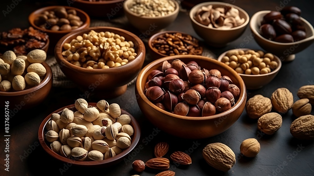 Assortment of nuts in wooden bowls on dark background, closeup Assortment of nuts in wooden bowls on dark background, closeup