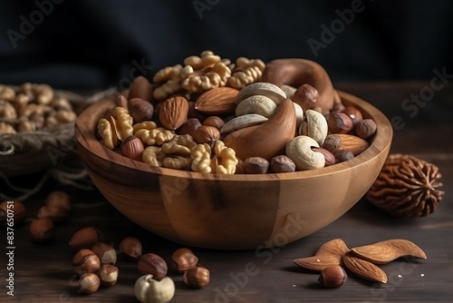 Mix of nuts in a wooden bowl on a dark wooden background.
