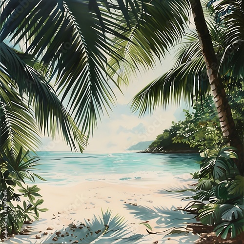 Tropical beach with palm leaves and sea wave.