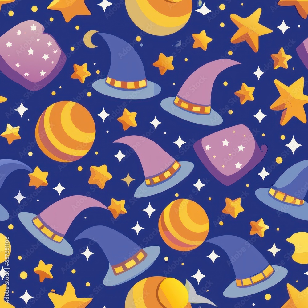 Seamless pattern of magical hats with stars and crescent moons, Generative AI Seamless pattern of magical hats with stars and crescent moons, Generative AI