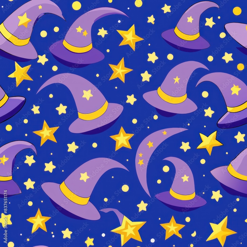 Seamless pattern of magical hats with stars and crescent moons, Generative AI