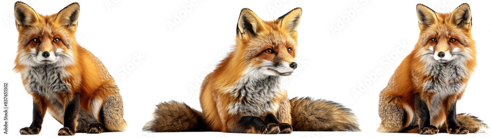 Three Red Foxes Sitting Against a White Background Three Red Foxes Sitting Against a White Background