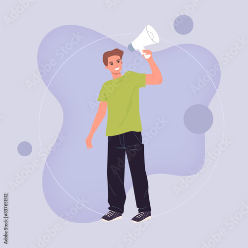 Young man holding megaphone. Sale announcement, customer, happy shopper flat vector illustration. Marketing, advertising, shopping concept for banner, website design or landing web page photo
