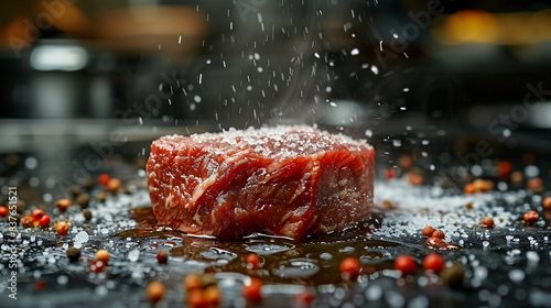 Close-up of falling salt on raw beef steak