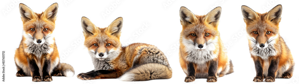Four Red Foxes Posing Against a White Background Four Red Foxes Posing Against a White Background
