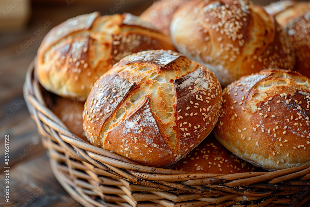 A basket of bread, fresh bread on wooden table,generative ai A basket of bread, fresh bread on wooden table,generative ai