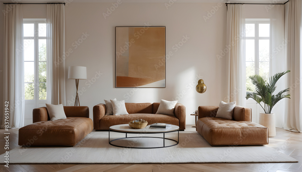 Sunlight streaming through windows illuminating a living room featuring a leather sofa and tasteful minimalist decor Sunlight streaming through windows illuminating a living room featuring a leather sofa and tasteful minimalist decor