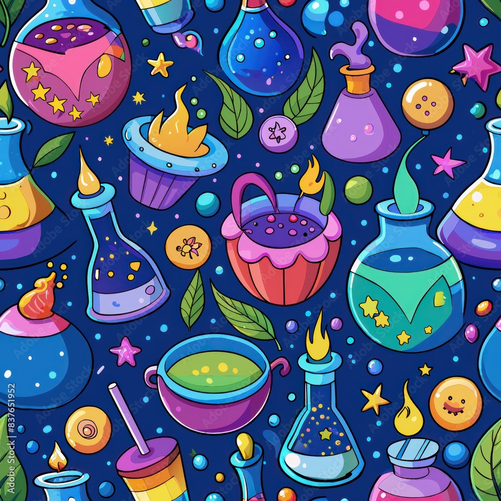 Seamless pattern of magical potions with bubbling cauldrons and potion bottles, Generative AI Seamless pattern of magical potions with bubbling cauldrons and potion bottles, Generative AI