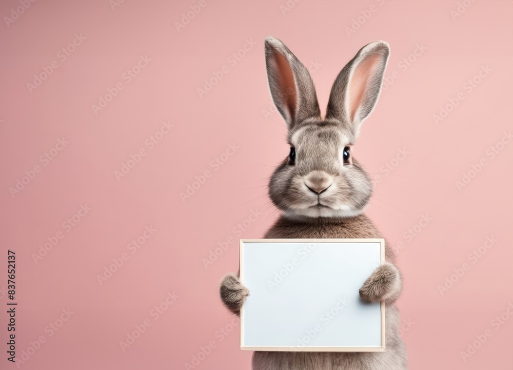 Obraz premium Cute rabbit holding a blank white sign on pink background