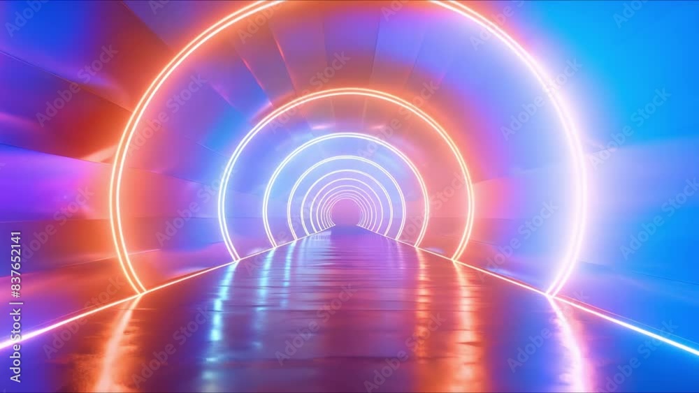Vibrant Tunnel of the Future: Blue and Pink Neon Geometric Design. Concept Neon Lights, Geometric Patterns, Future Aesthetics, Vibrant Colors, Tunnel Design
