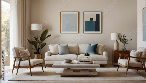 Bright and airy living room is decorated with mid-century modern furniture, abstract art, and plenty of natural light