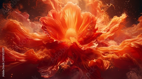  A large orange blossom lies at the heart of a darkened sky, encompassed by swirling clouds Its core radiates a brilliant light, originating from both the center of photo