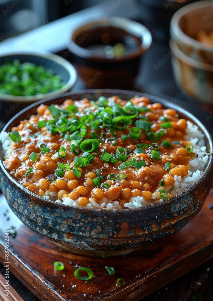 Natto - Fermented soybeans served over rice, often garnished with green onions. Natto - Fermented soybeans served over rice, often garnished with green onions.