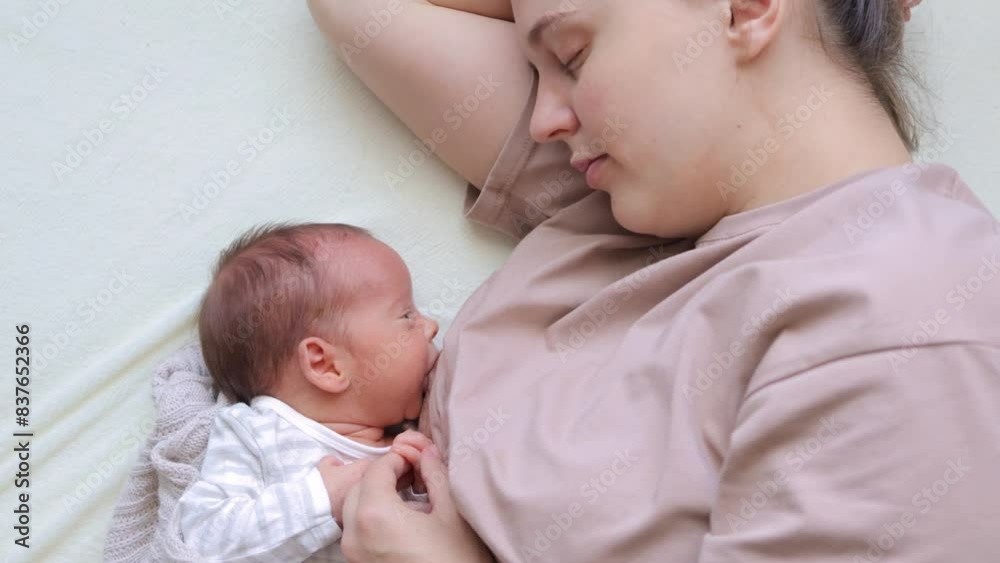 Tiny baby is feeding peacefully on his mother’s breast child is eating happily in the nursery loving mother feeding her charming tiny baby boy Tiny baby is feeding peacefully on his mother’s breast child is eating happily in the nursery loving mother feeding her charming tiny baby boy