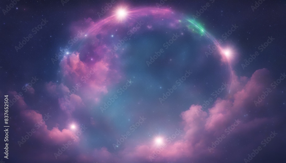Obraz premium Cosmic nebula surrounded by clouds and glowing stars in a vibrant galaxy background