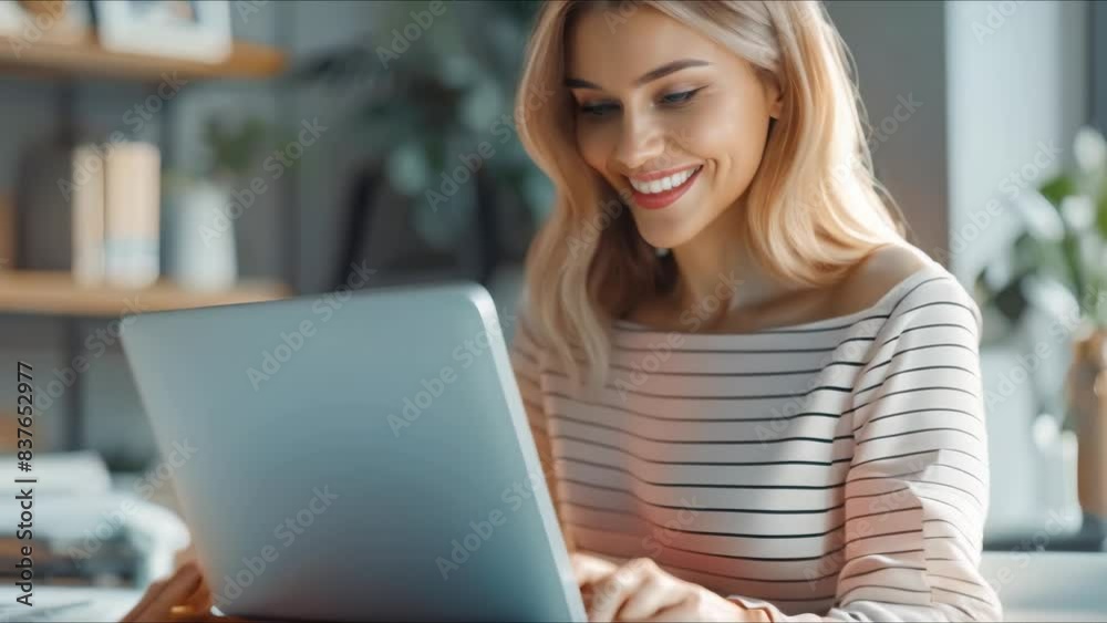 Close-up of a woman smiling while using a laptop in an office - Emphasizing modern technology concept. Concept Technology, Modern Work, Businesswoman, Close-up Portrait, Office Environment Close-up of a woman smiling while using a laptop in an office - Emphasizing modern technology concept. Concept Technology, Modern Work, Businesswoman, Close-up Portrait, Office Environment
