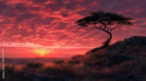  A solitary tree atop a rocky outcropping  silhouetted against a backdrop of fiery red clouds and a sunset sky merging shades of red and yellow