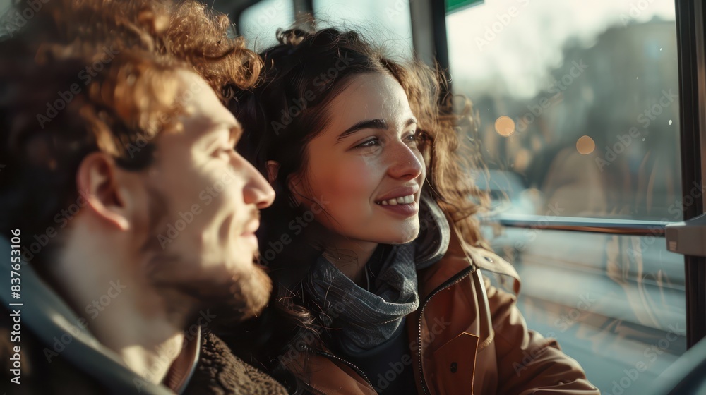 An urban portrait of a happy young couple sitting near the window on the bus, engaged in deep conversation as they travel together. An urban portrait of a happy young couple sitting near the window on the bus, engaged in deep conversation as they travel together.