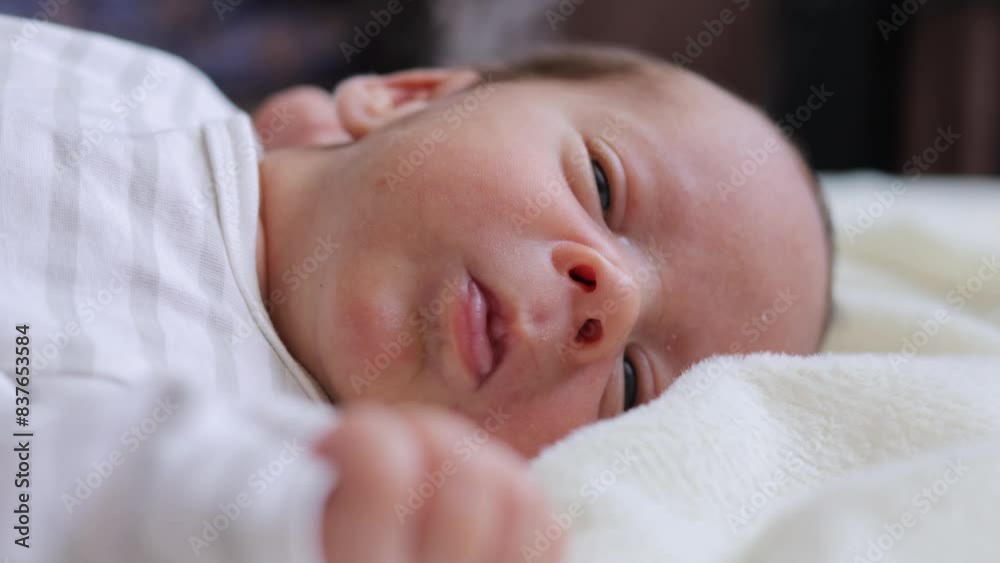 Newborn baby falling asleep infant boy lies in bed in the first days of life kid wearing striped clothing lying on white soft blanket Newborn baby falling asleep infant boy lies in bed in the first days of life kid wearing striped clothing lying on white soft blanket