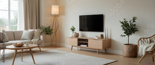 Enjoying the peace and serenity of a stylish living room, decorated in a minimalist scandi style with natural materials and colors