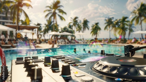 DJ mixer in the swimming pool or beach club. generative AI image photo