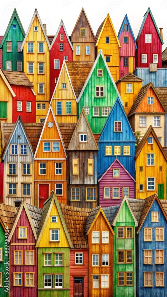 A colorful painting of many houses, houses made by wood, houses made in the same shape but different colors and sizes, houses with wooden windows A colorful painting of many houses, houses made by wood, houses made in the same shape but different colors and sizes, houses with wooden windows