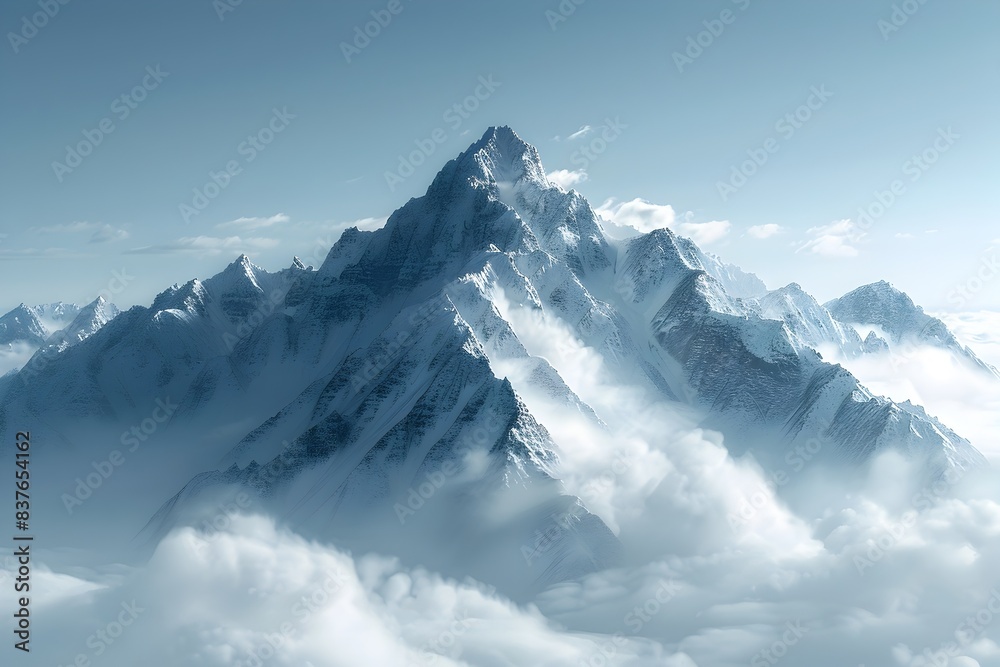 Obraz premium Majestic Snowy Mountain Peaks Emerging from Ethereal Sea of Clouds Scenic Landscape of Natural Serenity and Beauty