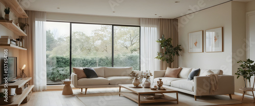 Relaxing in a bright and airy living room with natural light flooding in through large windows, overlooking a lush green garden