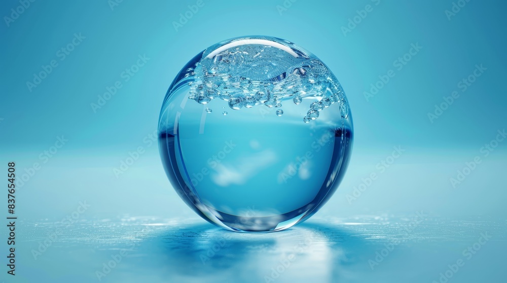 A blue glass vase, brimming with liquid, sits atop a complementary blue surface Drips of water cascade from the vase's rim and form be A blue glass vase, brimming with liquid, sits atop a complementary blue surface Drips of water cascade from the vase's rim and form be