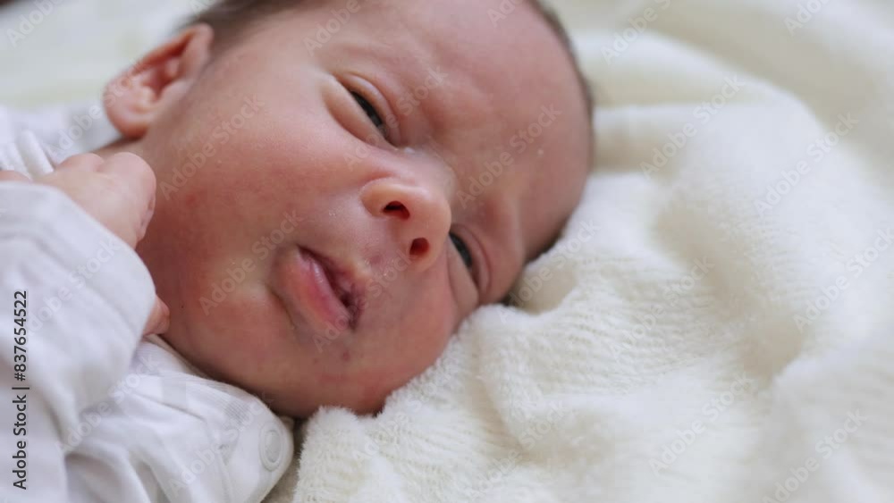 Closeup face of little cute tiny baby boy on first days of his life sucking finger looking away infant kid wearing soft clothing Closeup face of little cute tiny baby boy on first days of his life sucking finger looking away infant kid wearing soft clothing