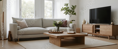 Tranquil living room with minimalist furniture, neutral tones, and natural accents, cultivating a serene and welcoming ambiance