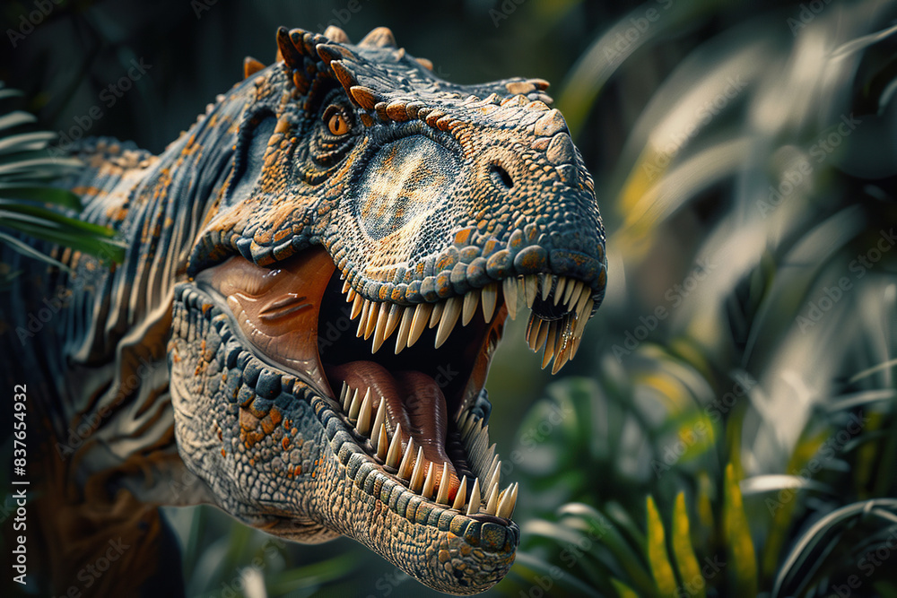 Generative ai on theme of big scary hungry dinosaur with kind eyes and sharp teeth destroying park Generative ai on theme of big scary hungry dinosaur with kind eyes and sharp teeth destroying park