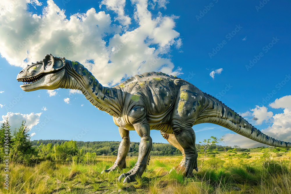 Generative ai on theme of big scary hungry dinosaur with kind eyes and sharp teeth destroying park Generative ai on theme of big scary hungry dinosaur with kind eyes and sharp teeth destroying park