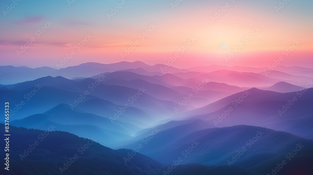 Obraz premium Misty Mountain Landscape at Dawn with Layers of Peaks Under a Pastel Sky Capturing the Natural Serenity and Beauty of a Scenic Vista