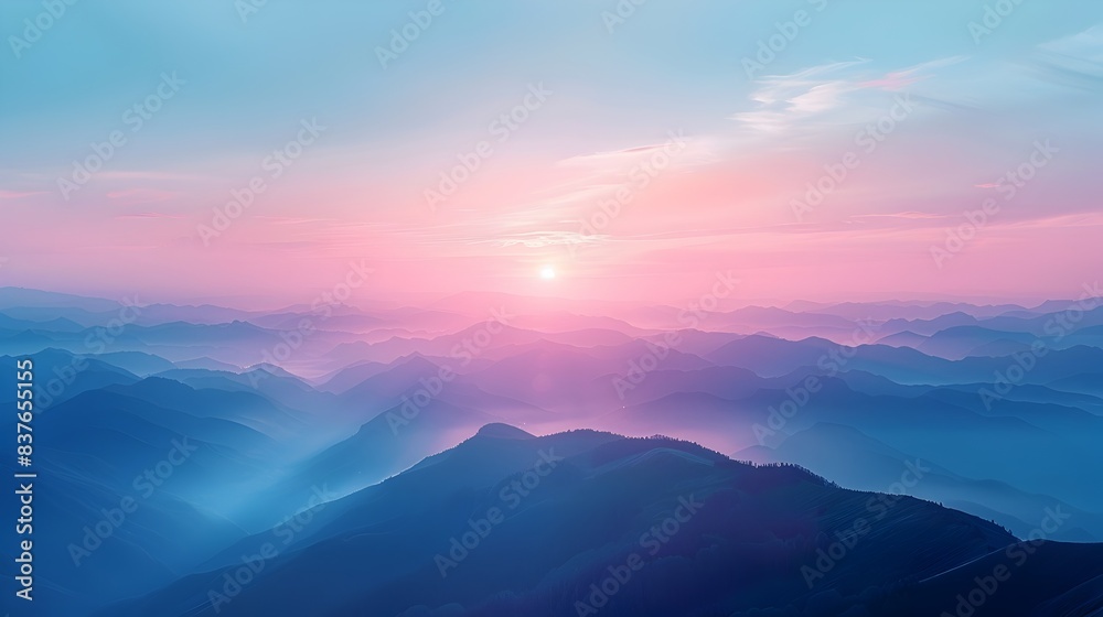 Fototapeta premium Misty Mountain Landscape at Dawn Fading into Layers of Pastel Skies Serene Natural Scenery for Relaxation and Adventure