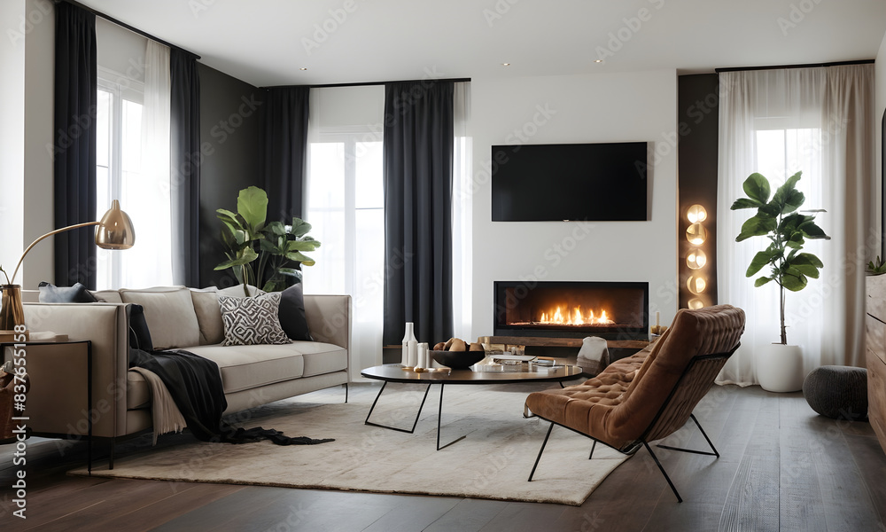 Fototapeta premium Cozy living room with a fireplace, ideal for interior designers seeking inspiration
