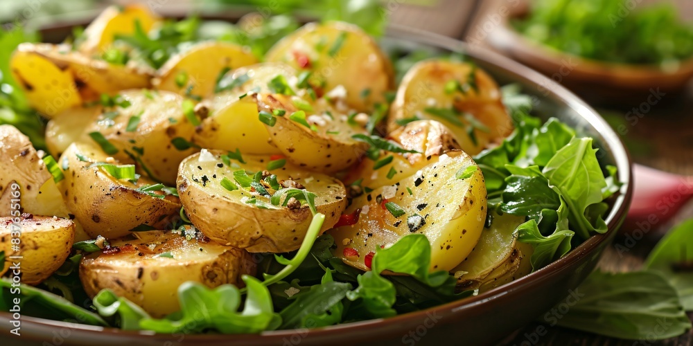 Savor a healthy dish of spuds and mixed greens, ideal for wellness-focused designs, cooking cards, and food blogs. Savor a healthy dish of spuds and mixed greens, ideal for wellness-focused designs, cooking cards, and food blogs.