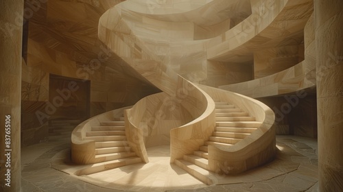 A spiral staircase in a stone building; sunlight filters through the window, casting a shadow onto the stone floor The staircase is crafted from stone, not plywood