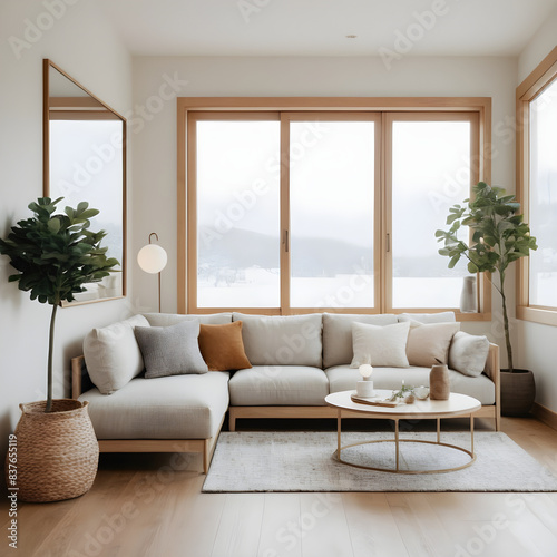 Experience comfort in a serene winter day with a cozy, minimalist living room